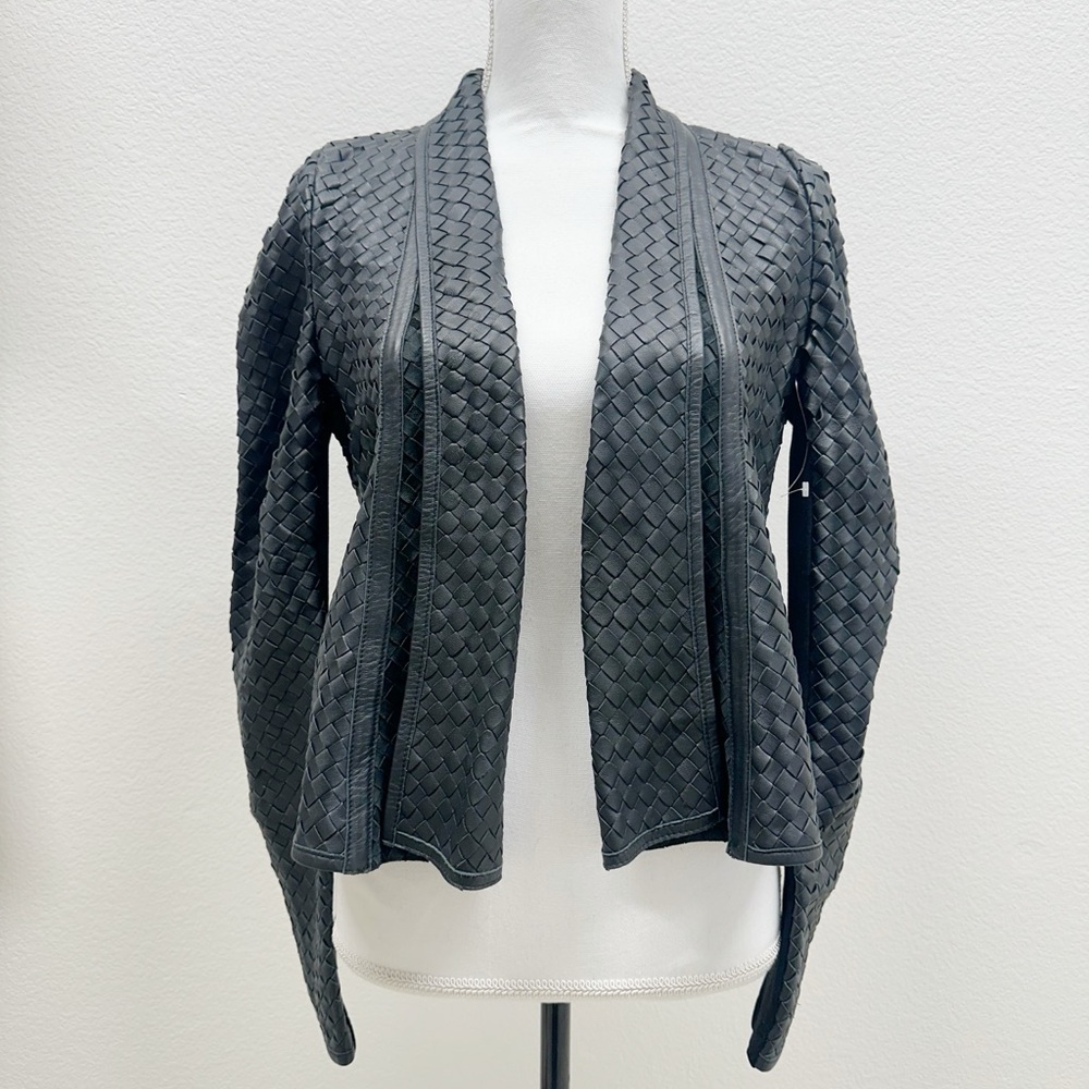 Guess by Marciano 100% lamb leather skin woven front open jacket black size 6